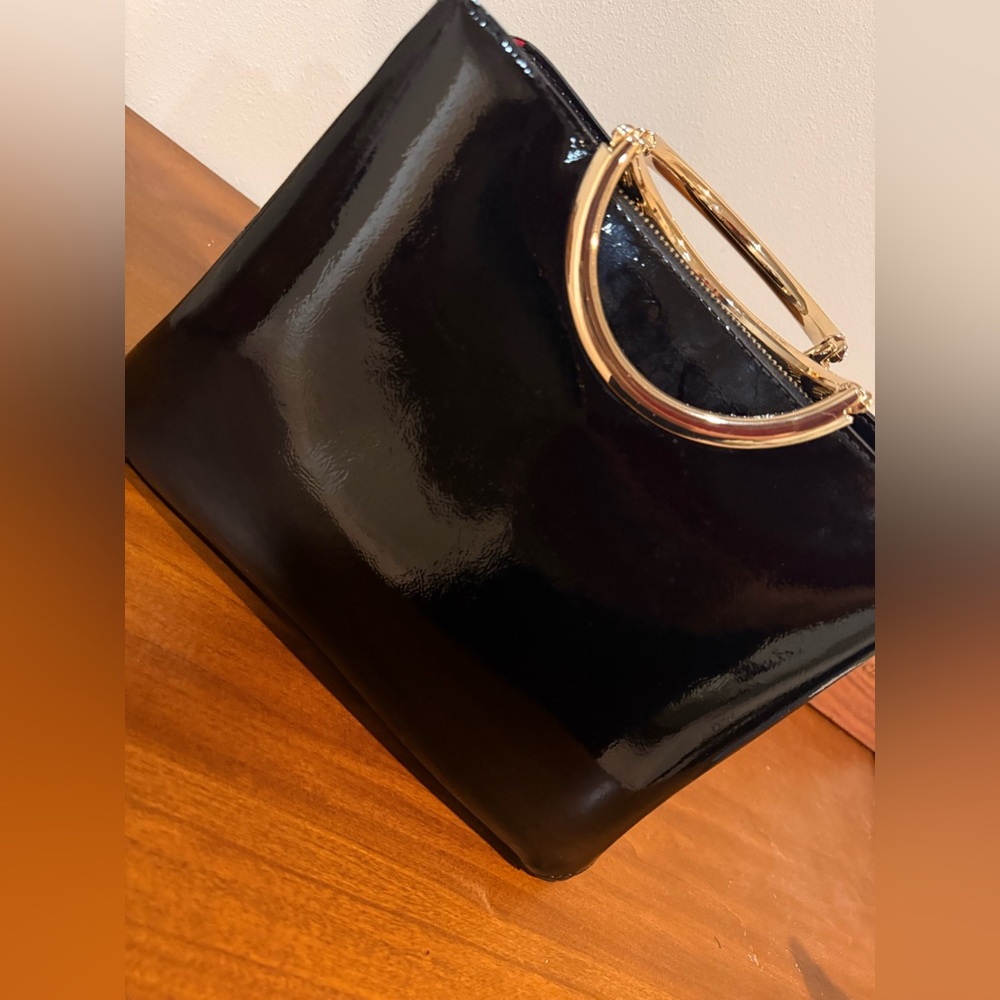 Aldo Black Patent Clutch with Gold Handles